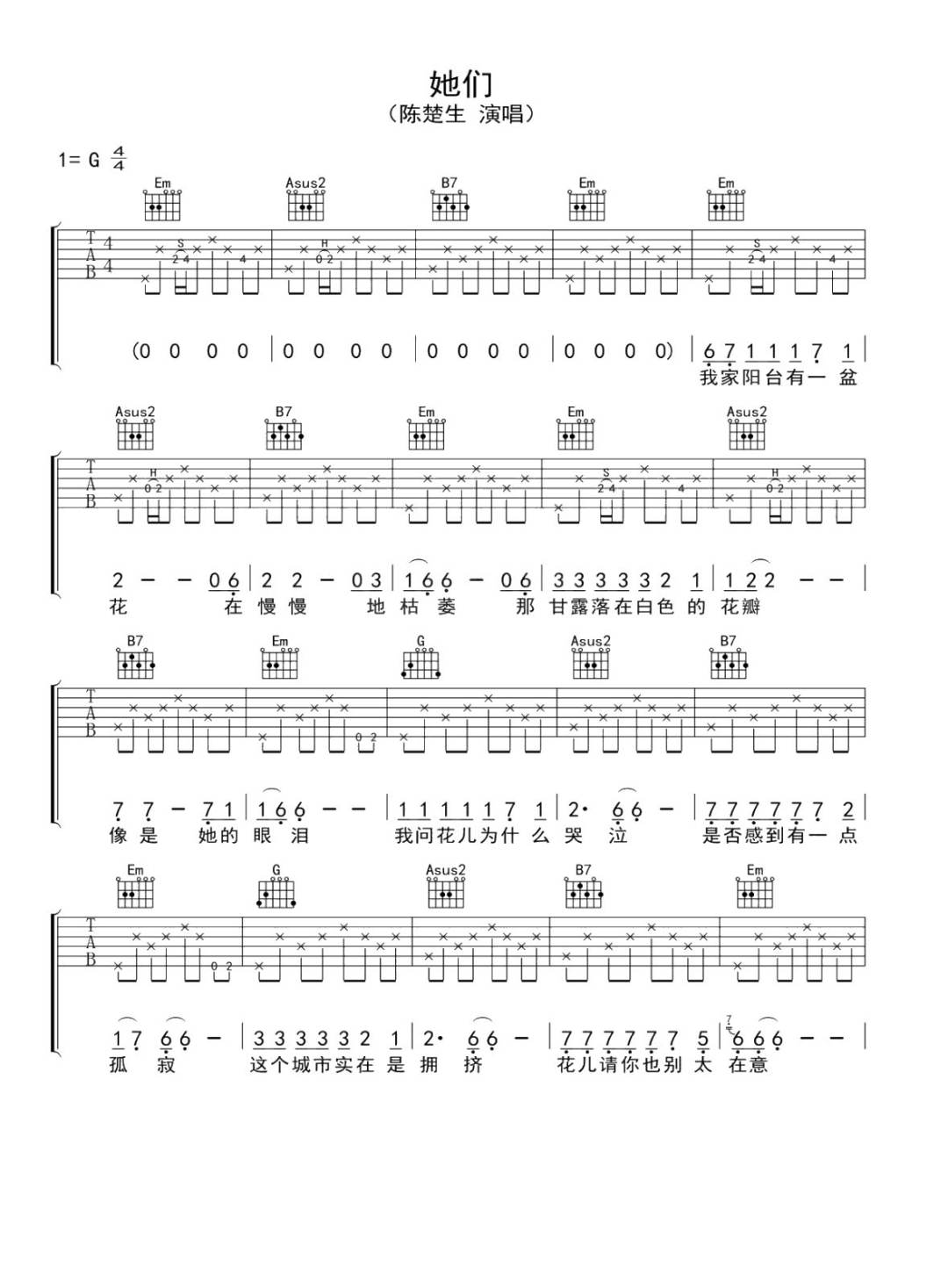 她们吉他谱_陈楚生_G调演奏版