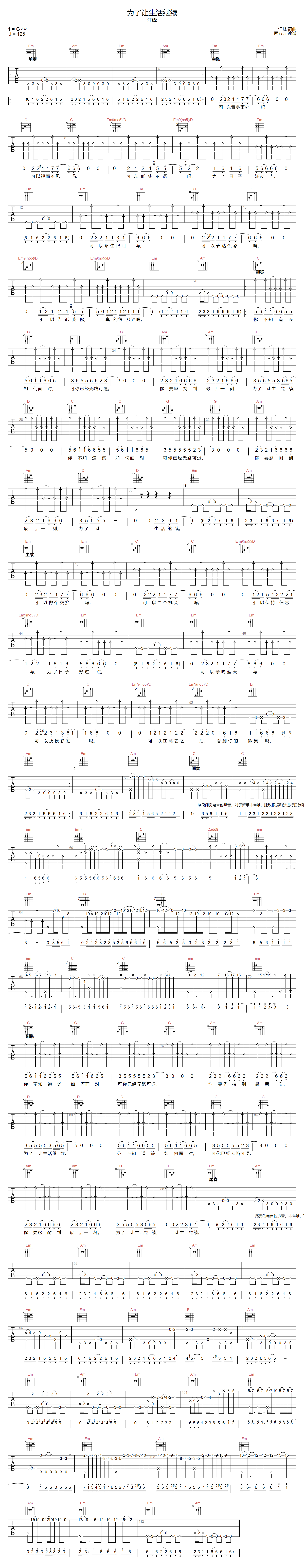 了让生活继续吉他谱-汪峰