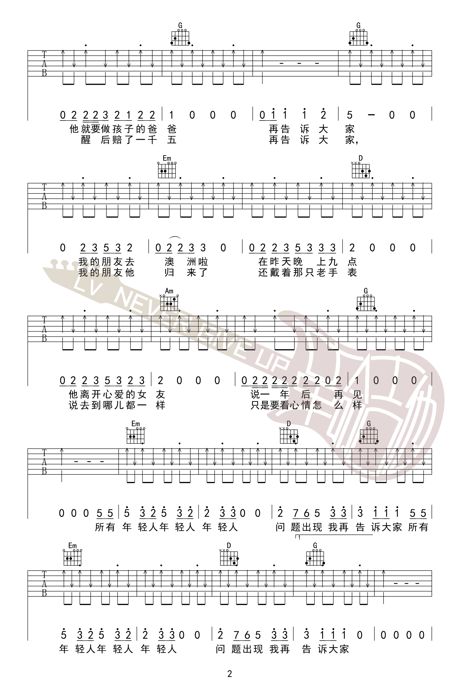 问题出现我再告诉大家吉他谱_五条人_G调和弦版