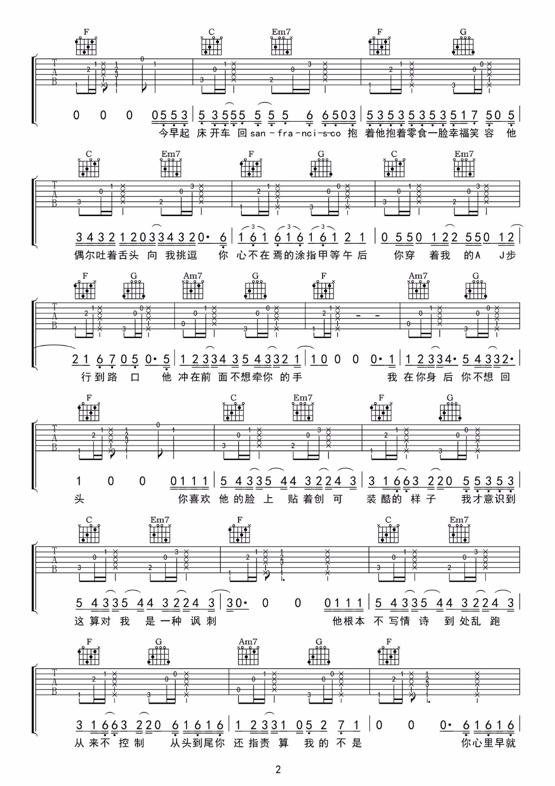 鲨鱼吉他谱_沈以诚_C调扫弦指法原版-图片1