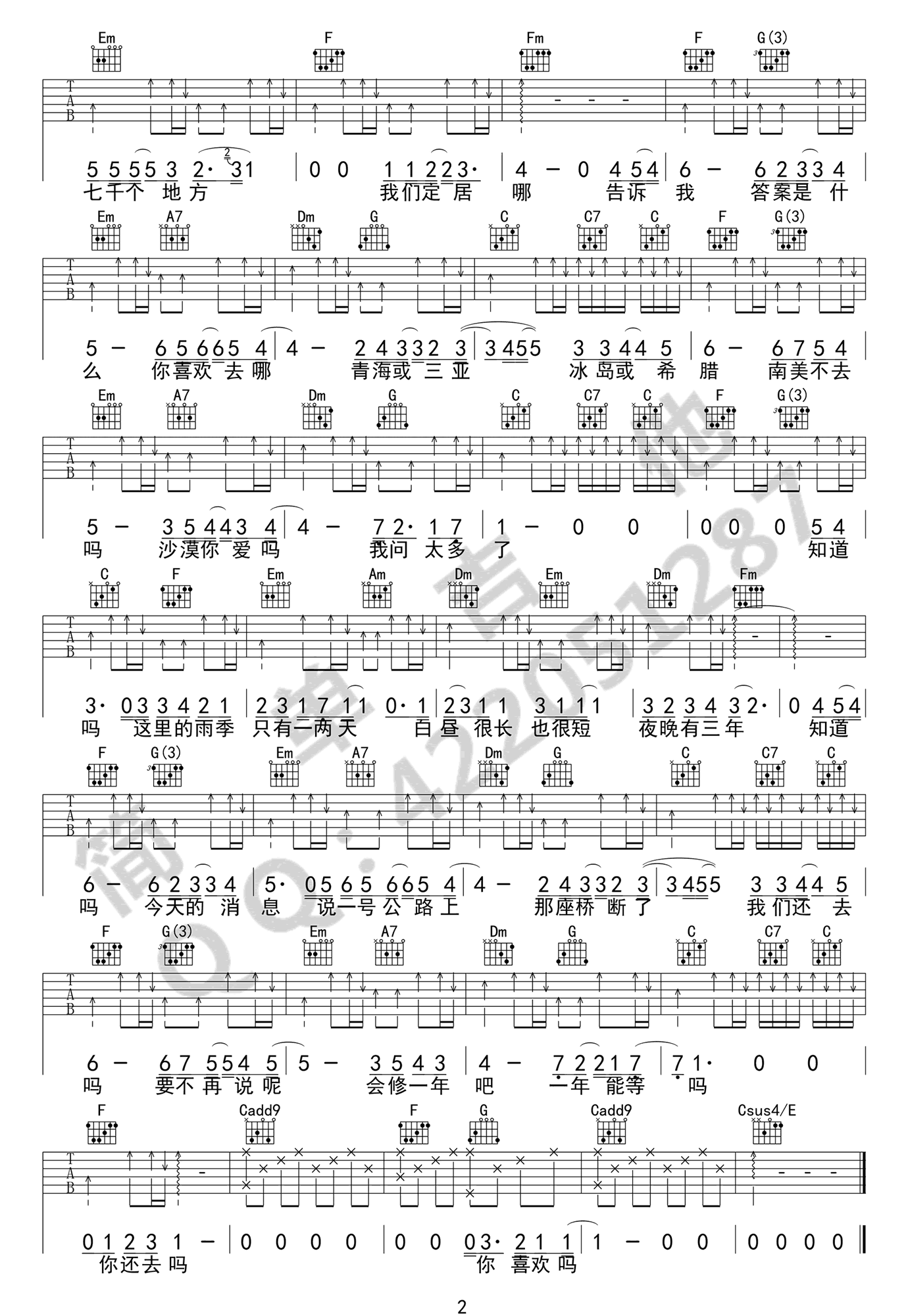 我喜欢上你时的内心活动吉他谱2-陈绮贞