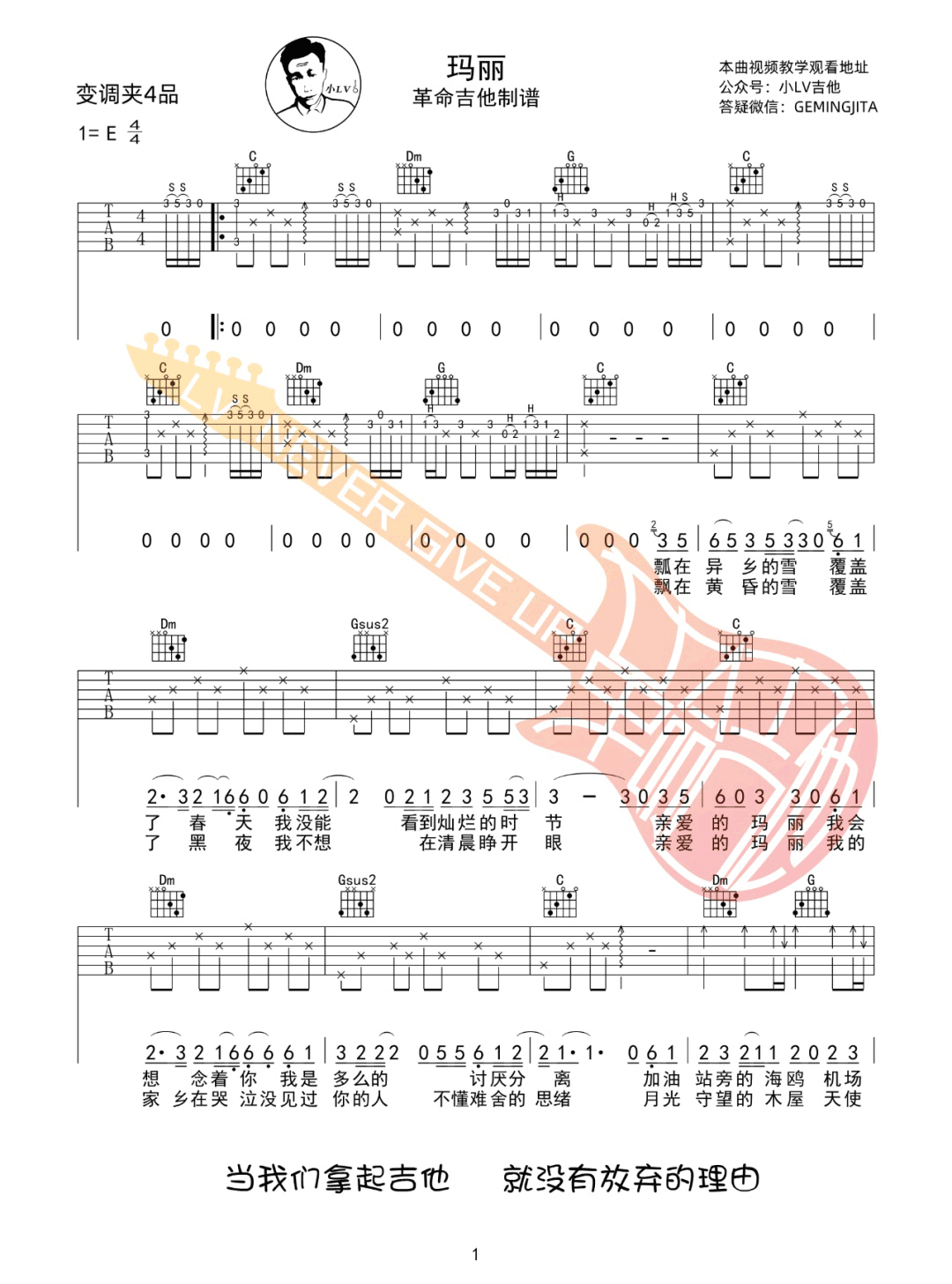 玛丽吉他谱_赵雷_C调单音版 弹唱教学视频-图片1