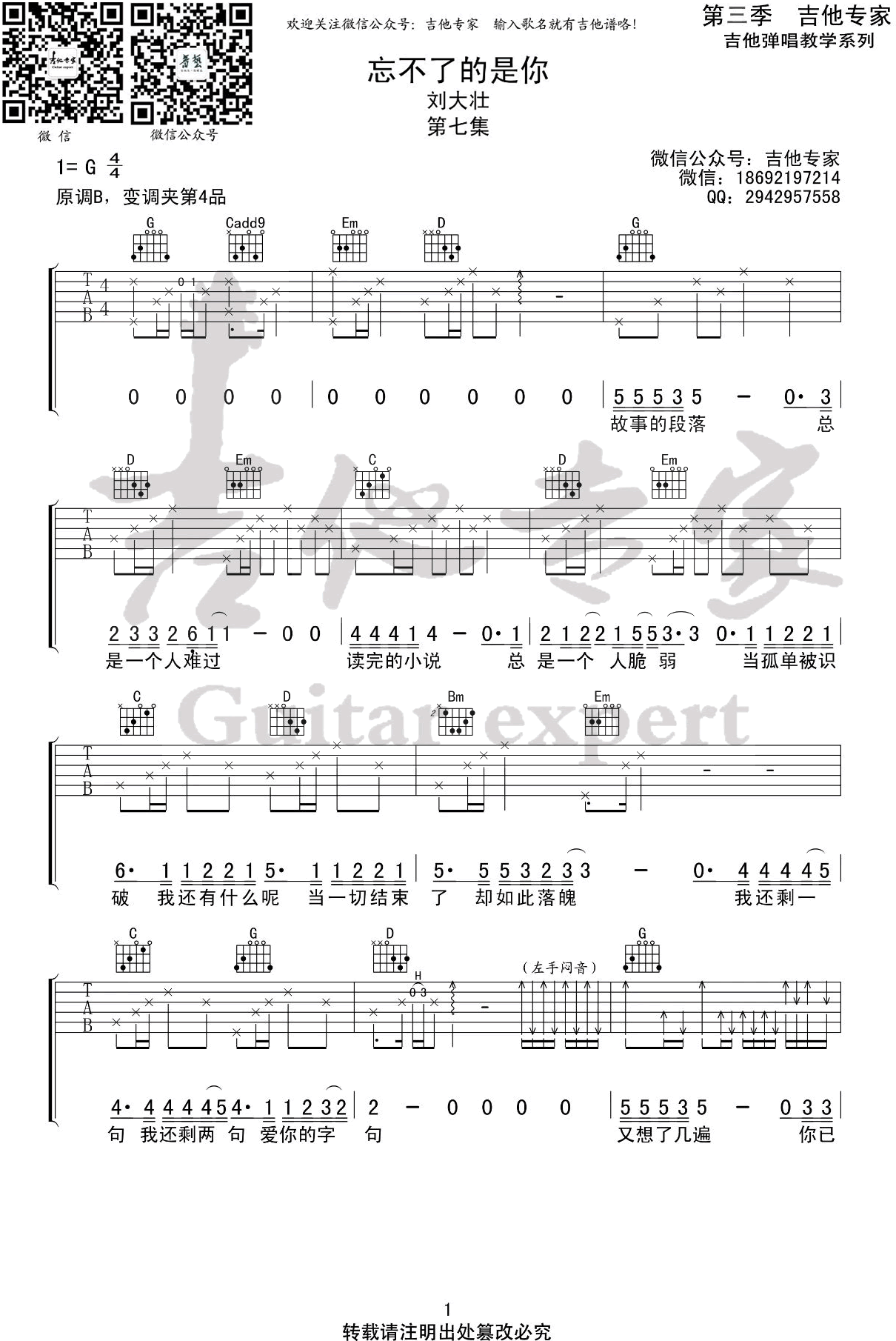 忘不了的是你吉他谱_刘大壮_G调双音指法-图片1