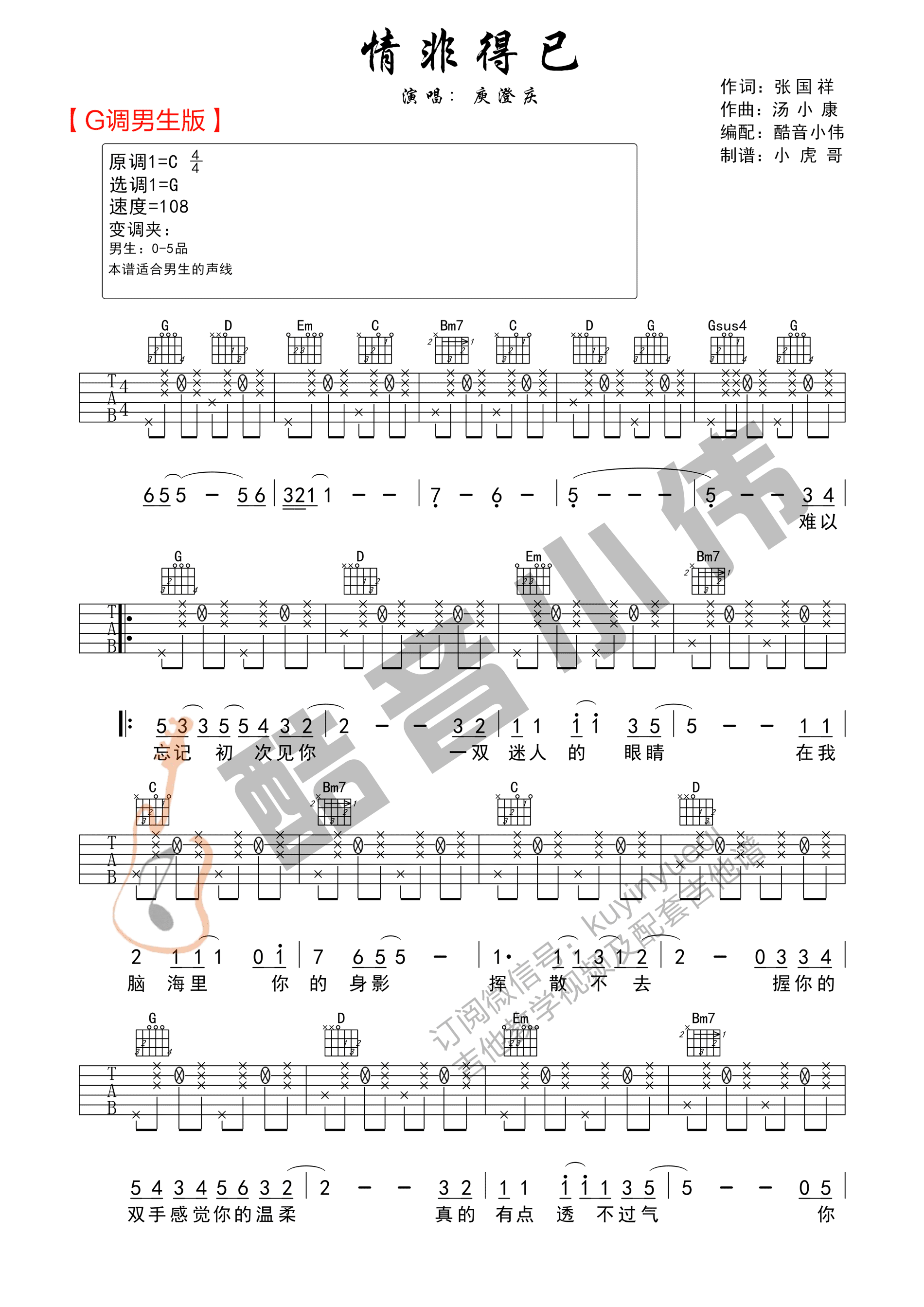 情非得已吉他谱_庾澄庆_G调调弦版 弹唱教学视频-图片1