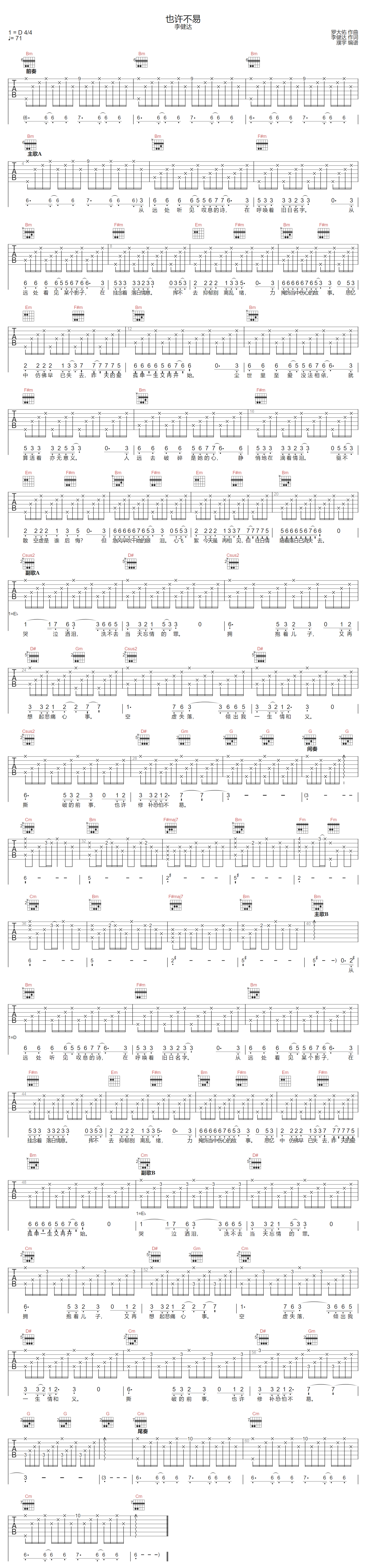 也许不易吉他谱-李健达