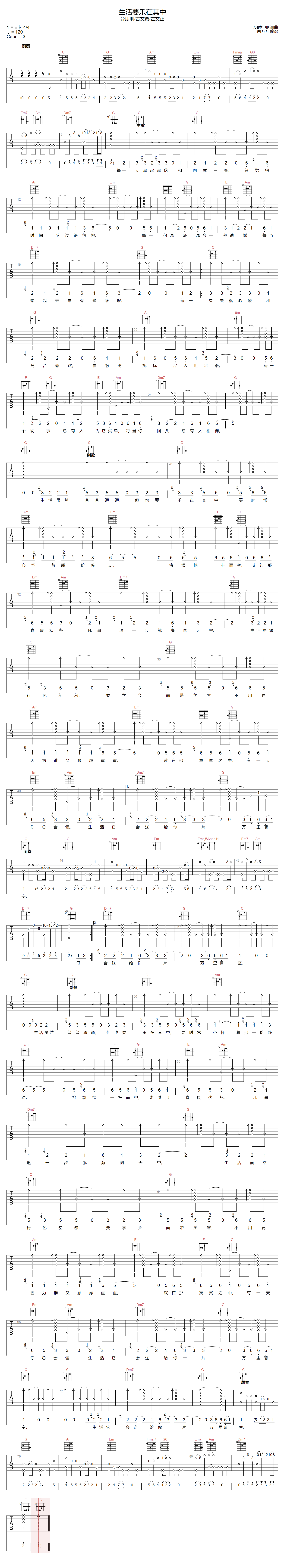 生活要乐在其中吉他谱_薛朋朋-古文豪-左文正_C调单音版