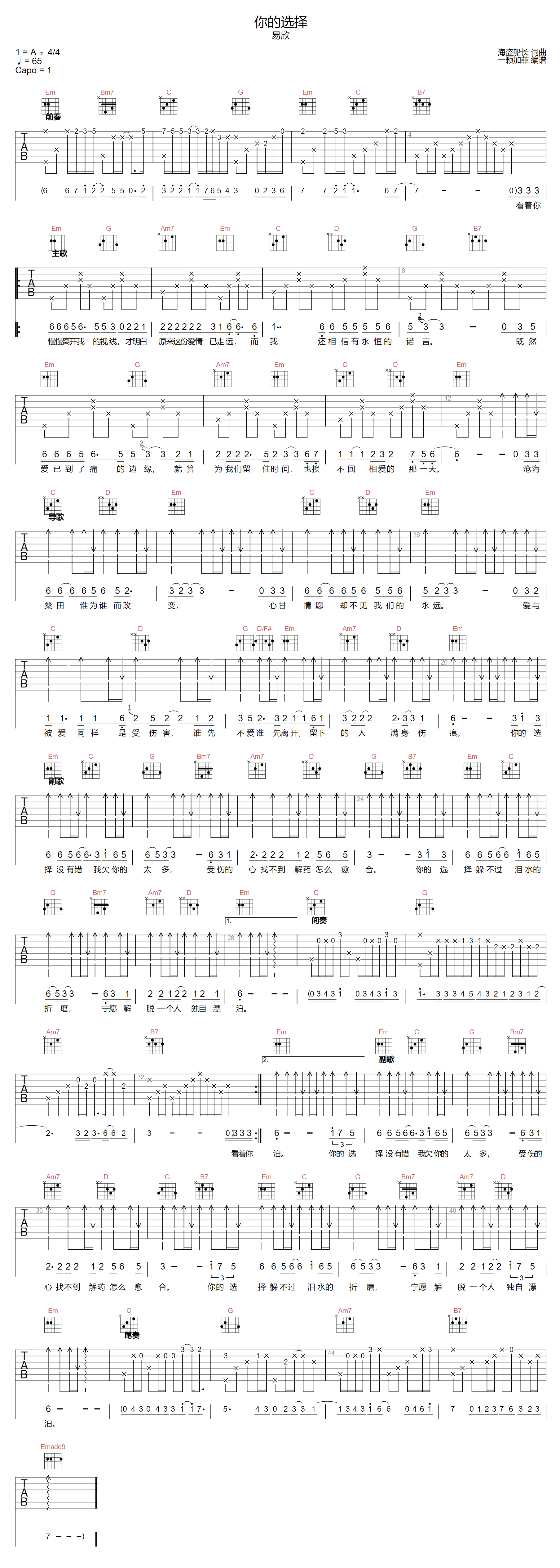 你的选择吉他谱_易欣_G调扫弦版