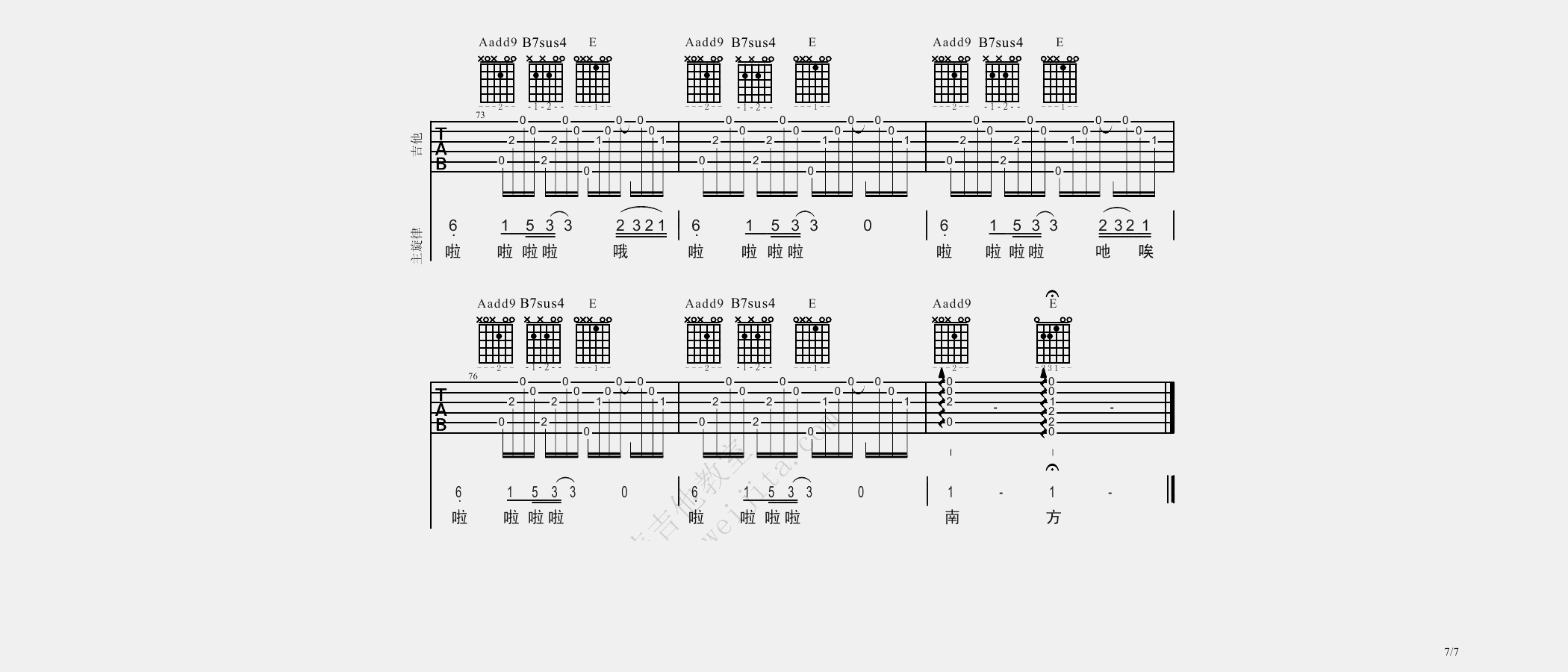 南方姑娘吉他谱_赵雷_E调单音版 弹唱教学视频-图片1