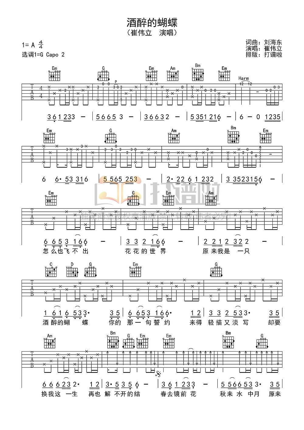 酒醉的蝴蝶吉他谱_崔伟立_G调双音指法-图片1
