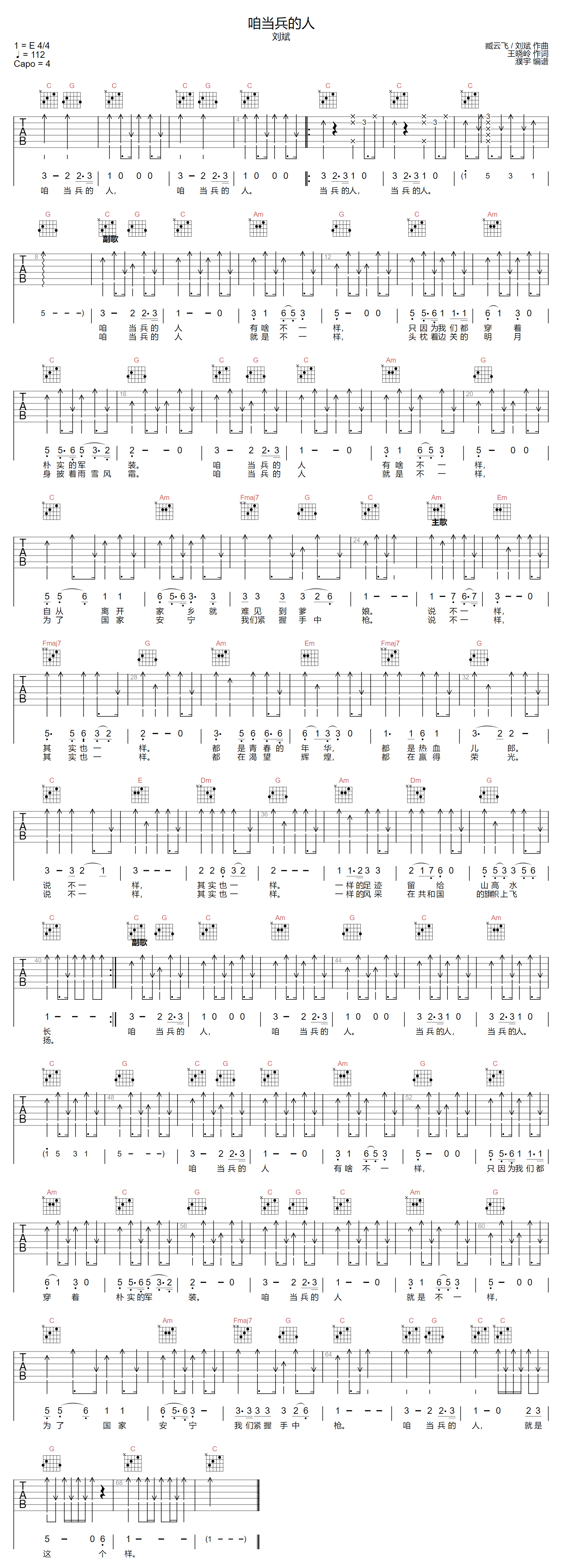 咱当兵的人吉他谱_刘斌_C调和弦版扫弦版