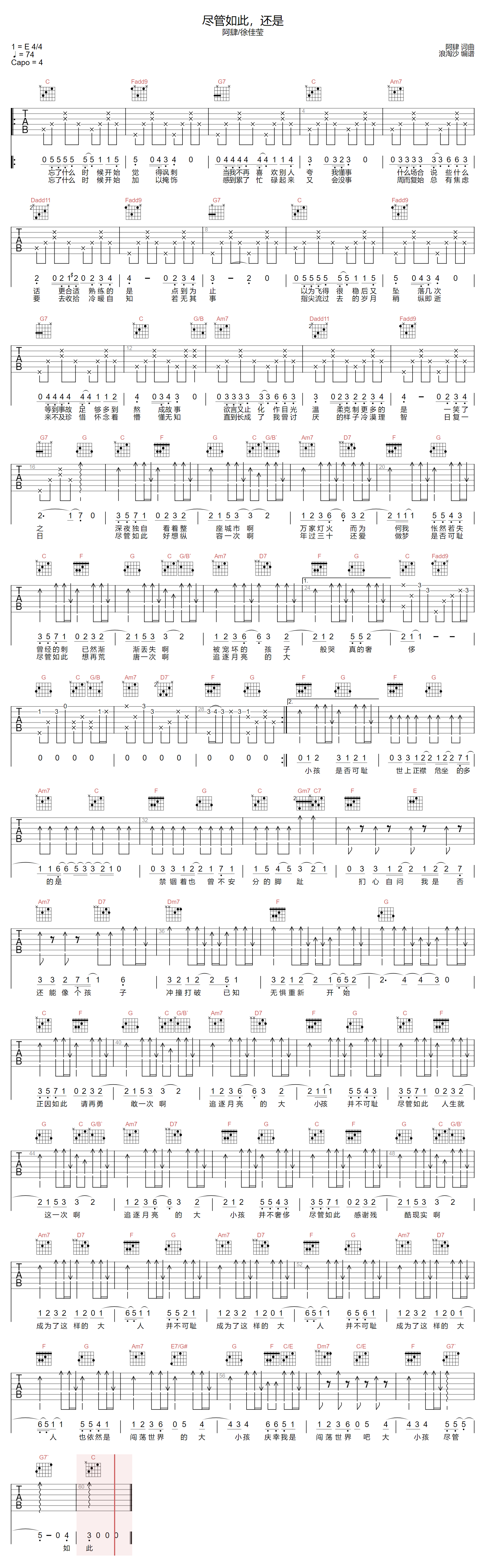 尽管如此还是吉他谱_阿肆-徐佳莹_C调和弦版