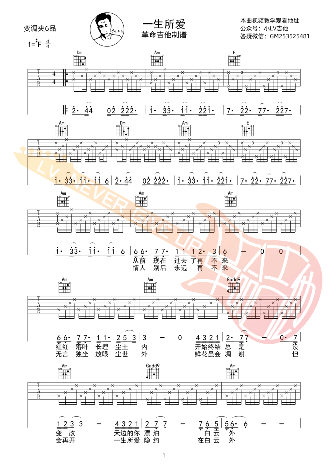 一生所爱吉他谱_卢冠廷_C调调弦版 弹唱教学视频-图片1