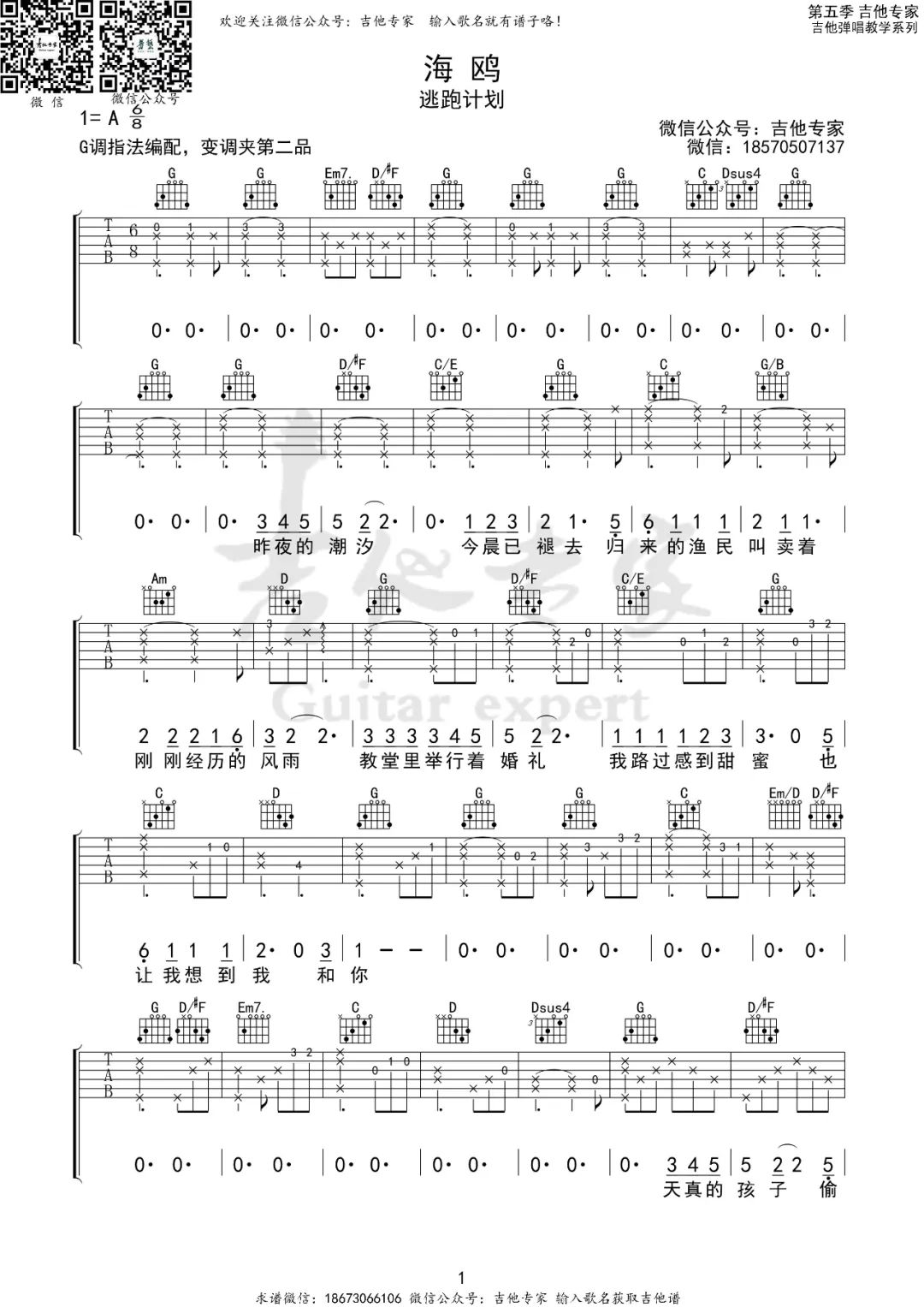 海鸥吉他谱_逃跑计划_G调和弦指法原版-图片1