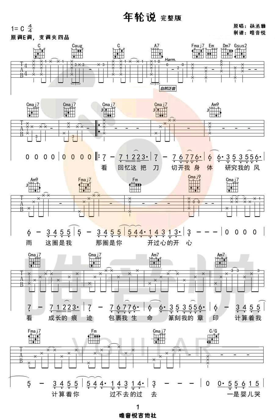 年轮说吉他谱_杨丞琳_C调双音版 弹唱教学视频-图片1