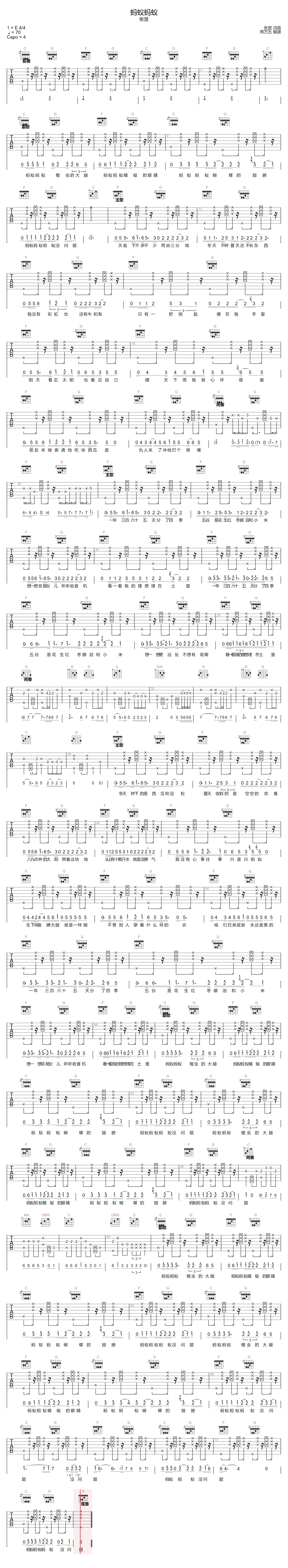 蚂蚁蚂蚁吉他谱-张楚