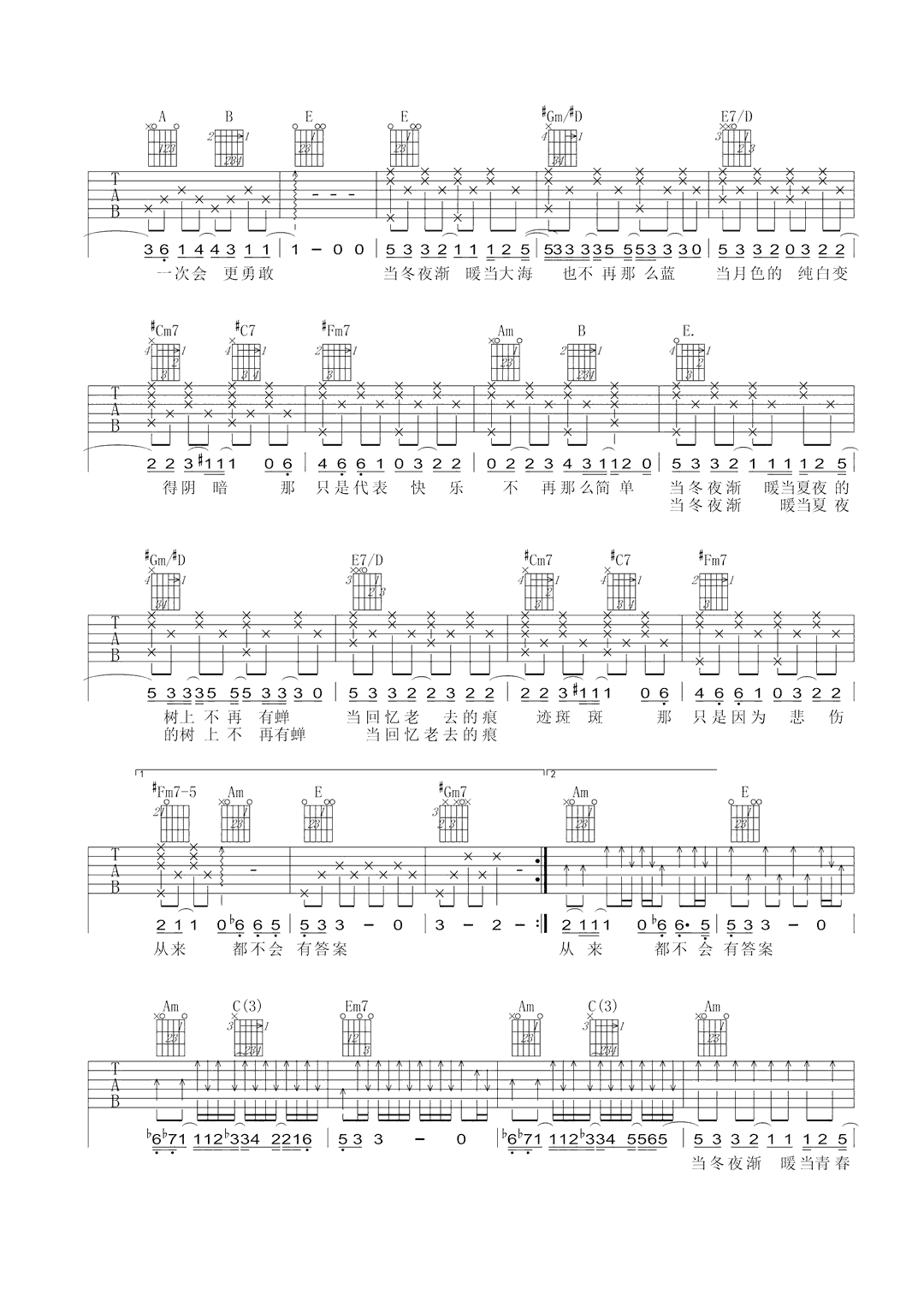 当冬夜渐暖吉他谱_孙燕姿_E调扫弦原版-图片1