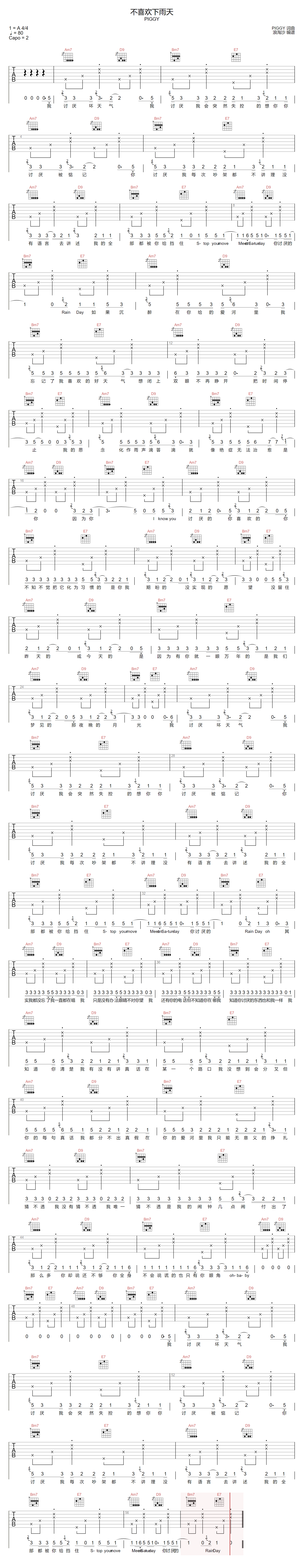 不喜欢下雨天吉他谱-PIGGY