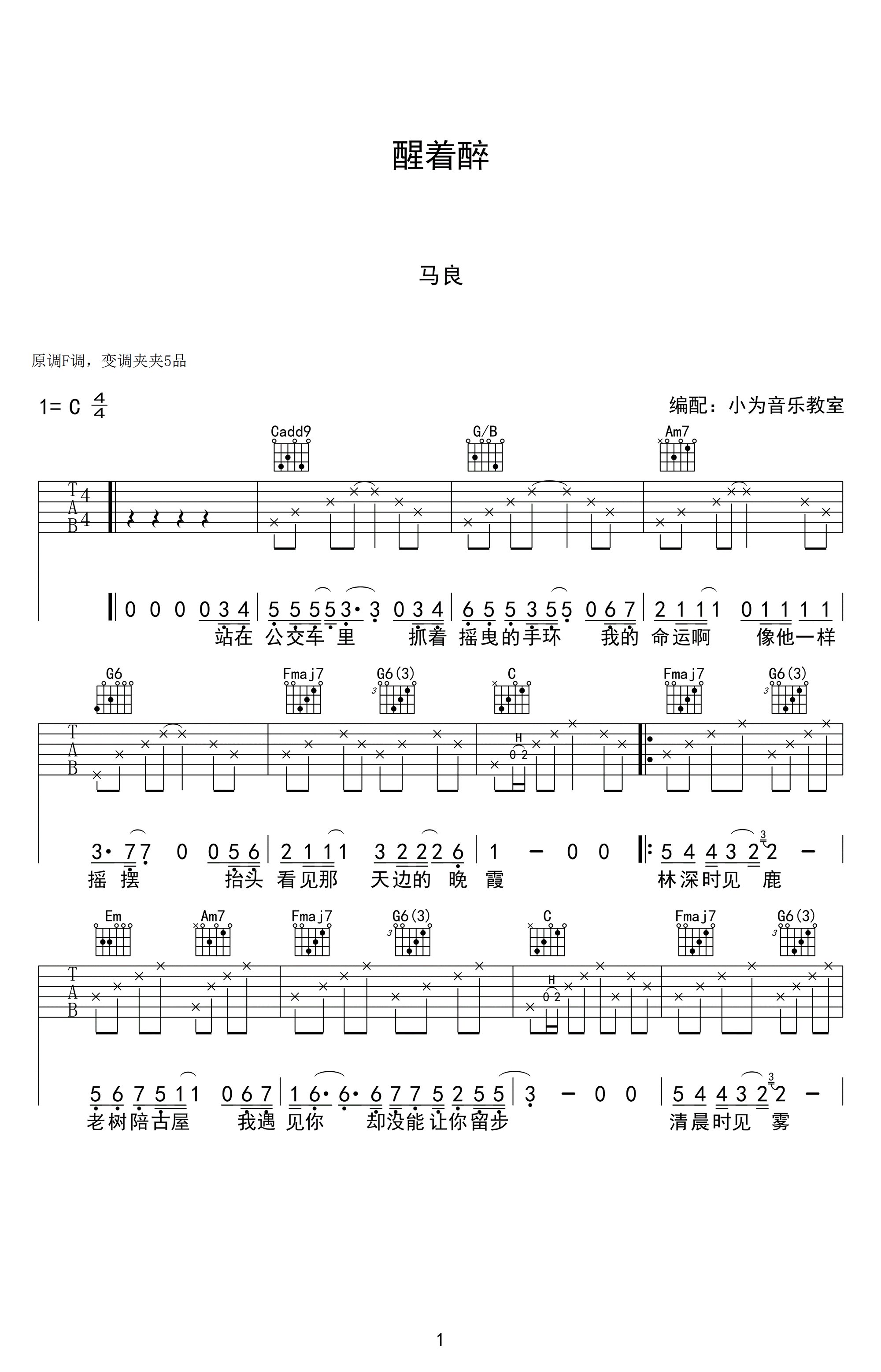 醒着醉吉他谱_马良_C调和弦指法简单版-图片1