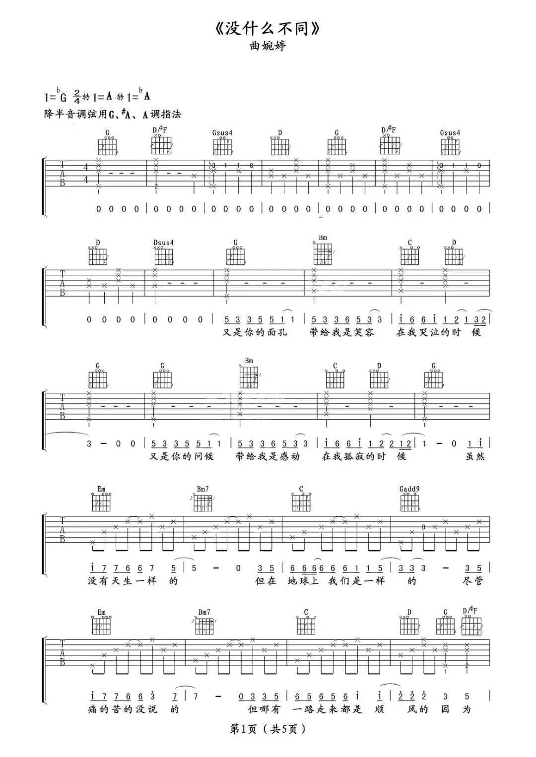 没有什么不同吉他谱_曲婉婷_G调调弦原版-图片1