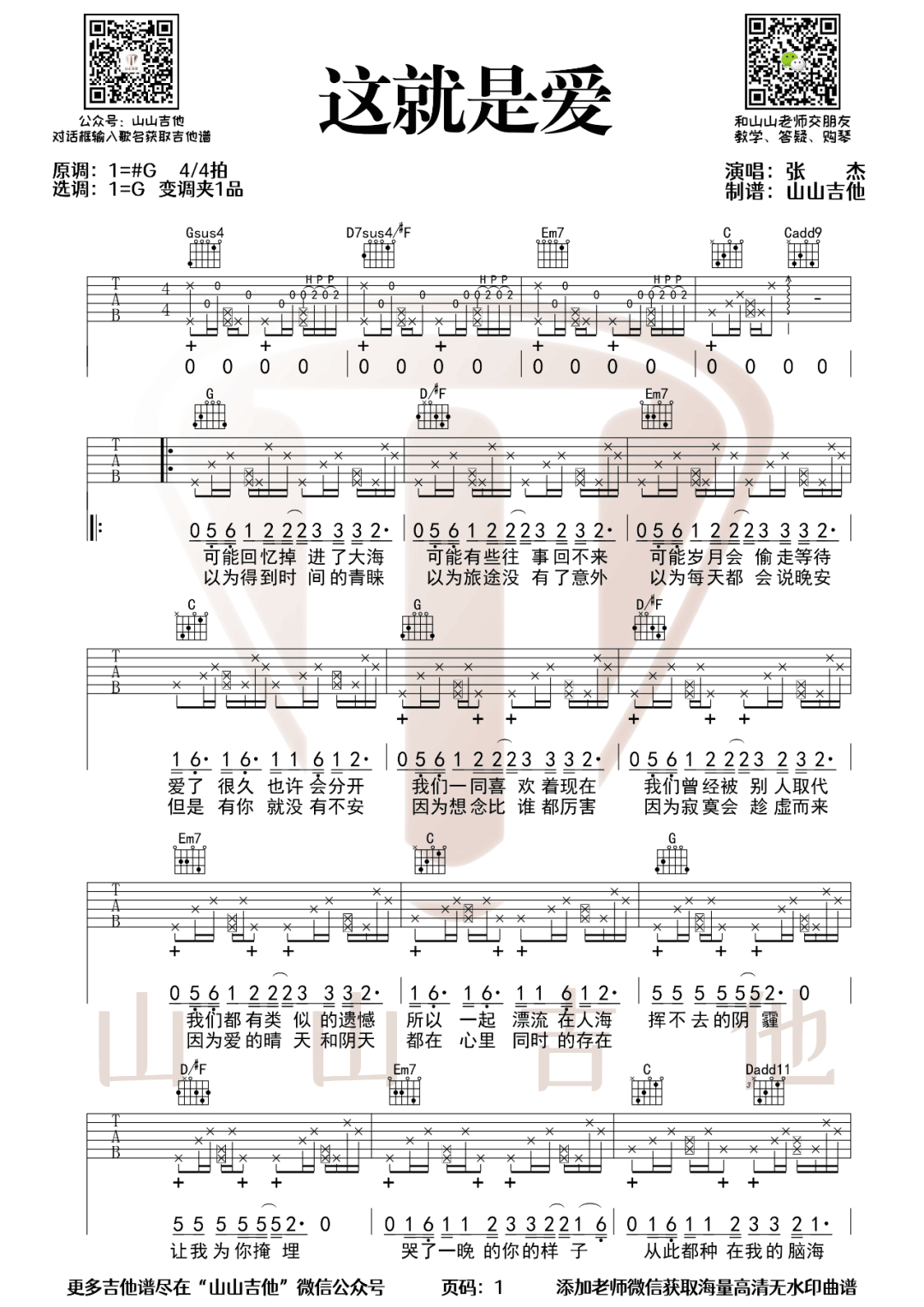 这就是爱吉他谱_张杰_G调调弦指法拍弦版-图片1