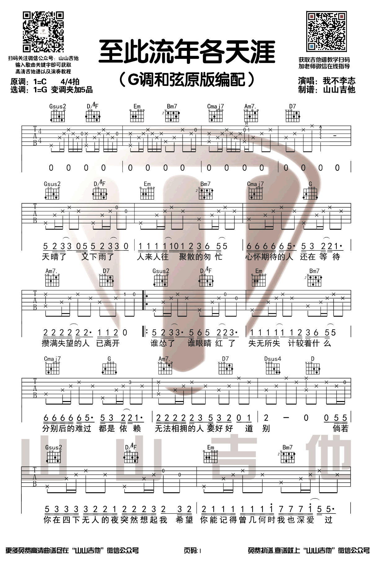 至此流年各天涯吉他谱_我不李志_G调扫弦指法-图片1