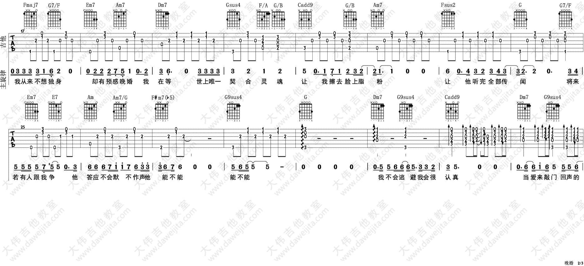 晚婚吉他谱_李宗盛-谭维维_C调双音版 弹唱教学视频-图片1