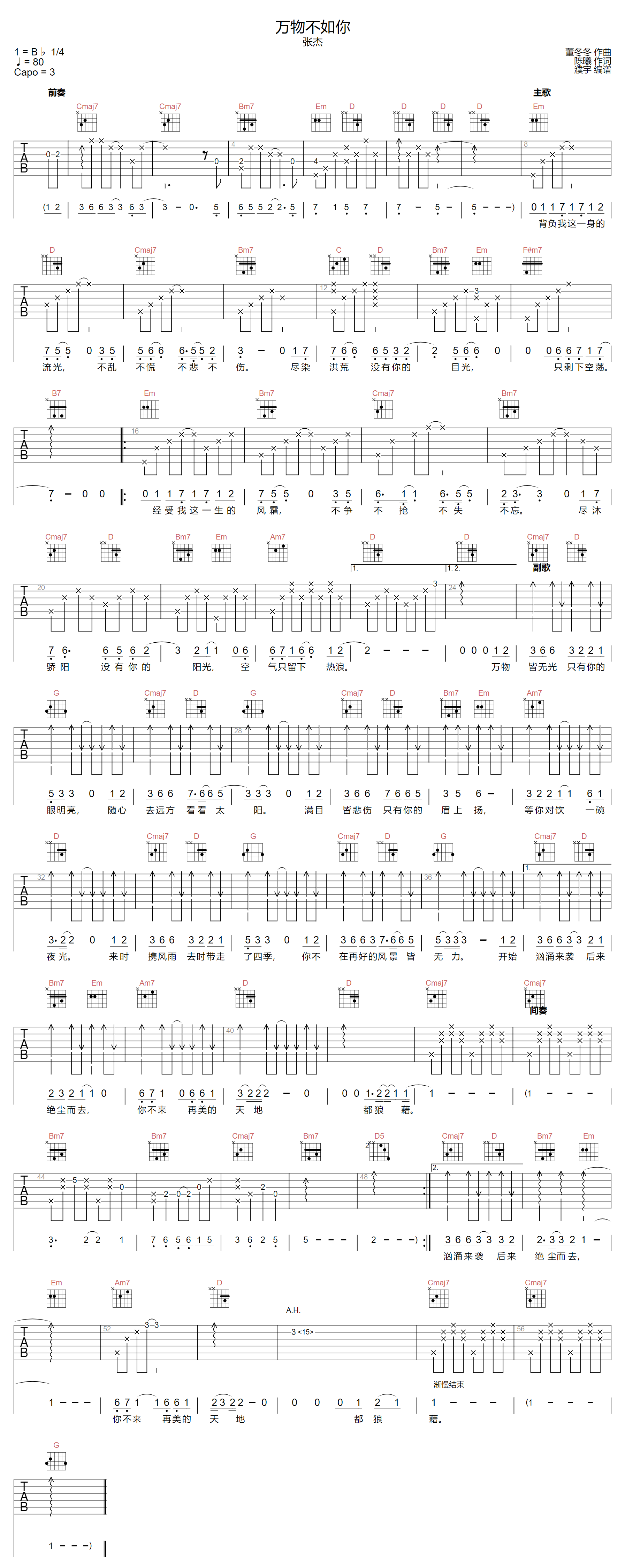 万物不如你吉他谱-张杰