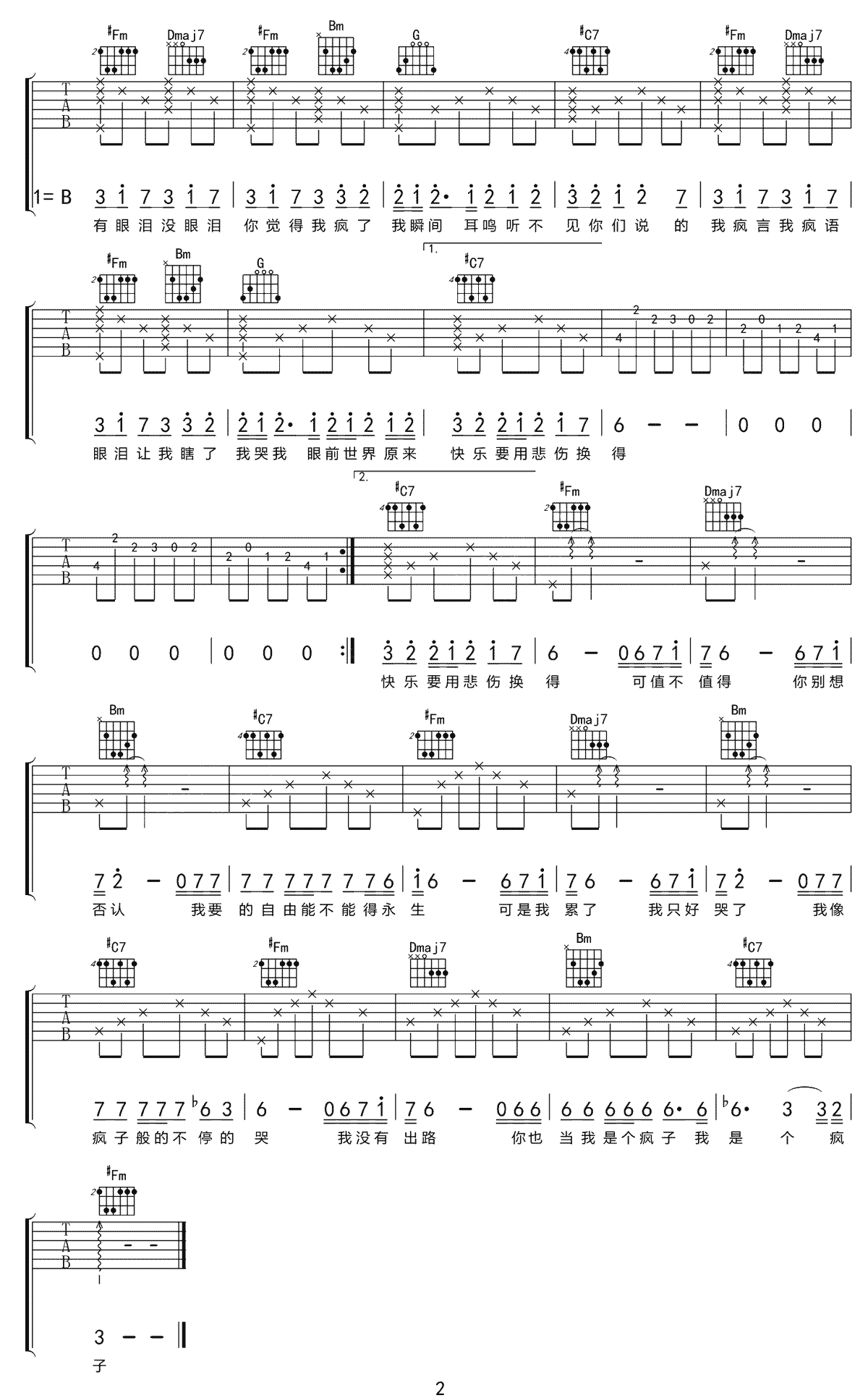 疯子吉他谱_许哲佩_C调单音版