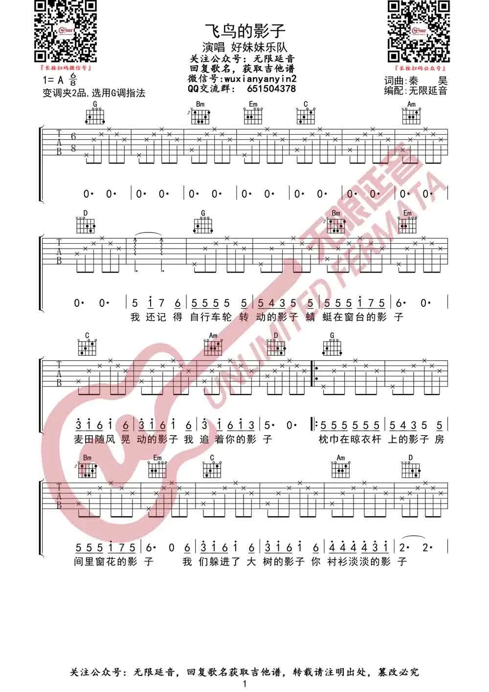 飞鸟的影子吉他谱_好妹妹乐队_G调调弦原版-图片1