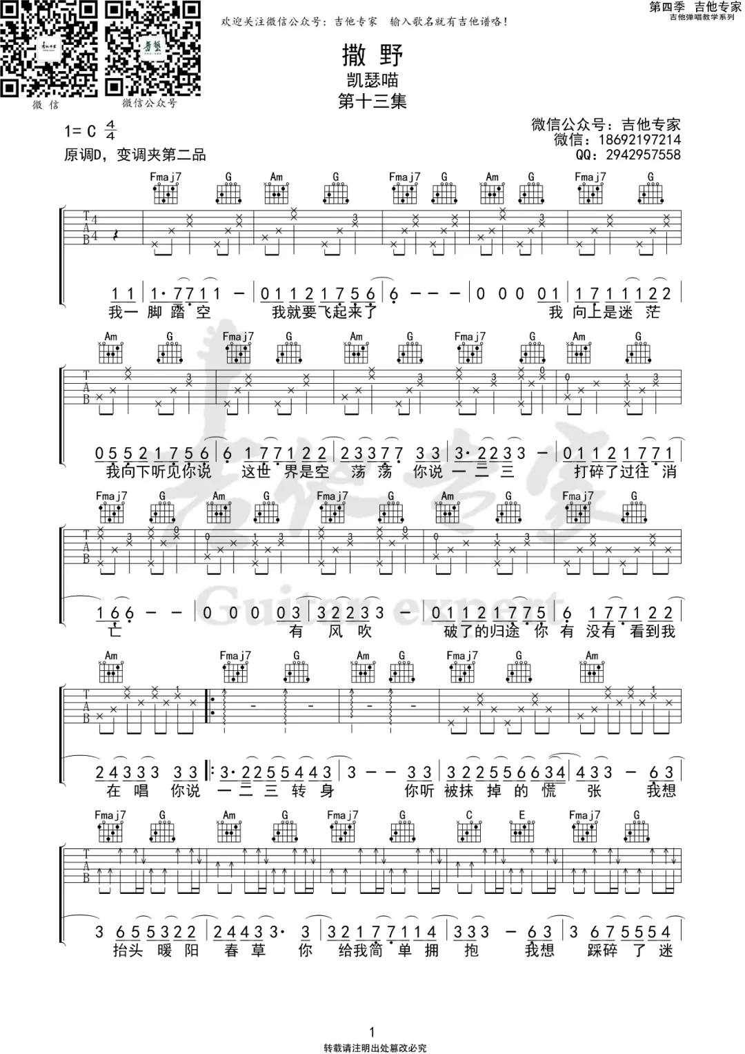 撒野吉他谱_凯瑟喵_C调调弦版