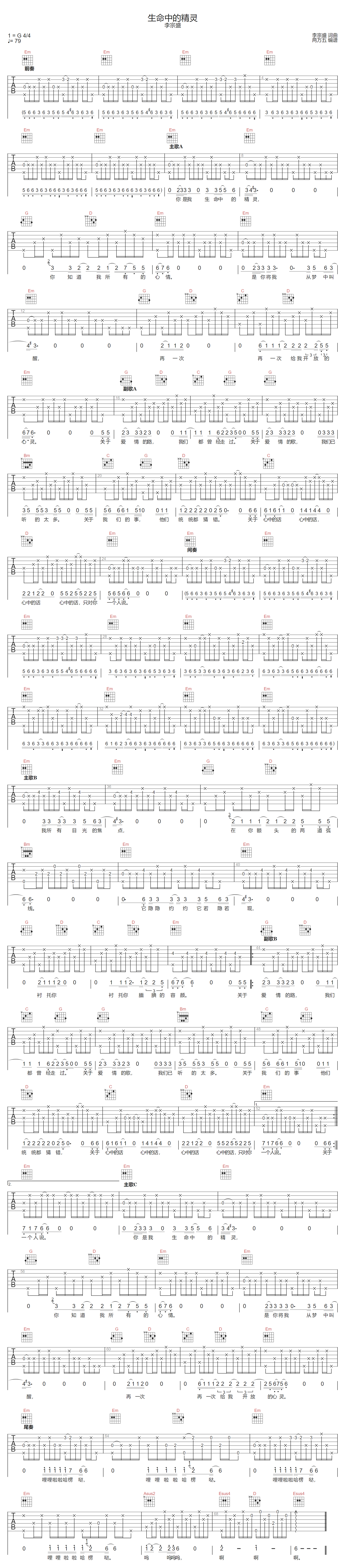 生命中的精灵吉他谱_李宗盛_G调双音版