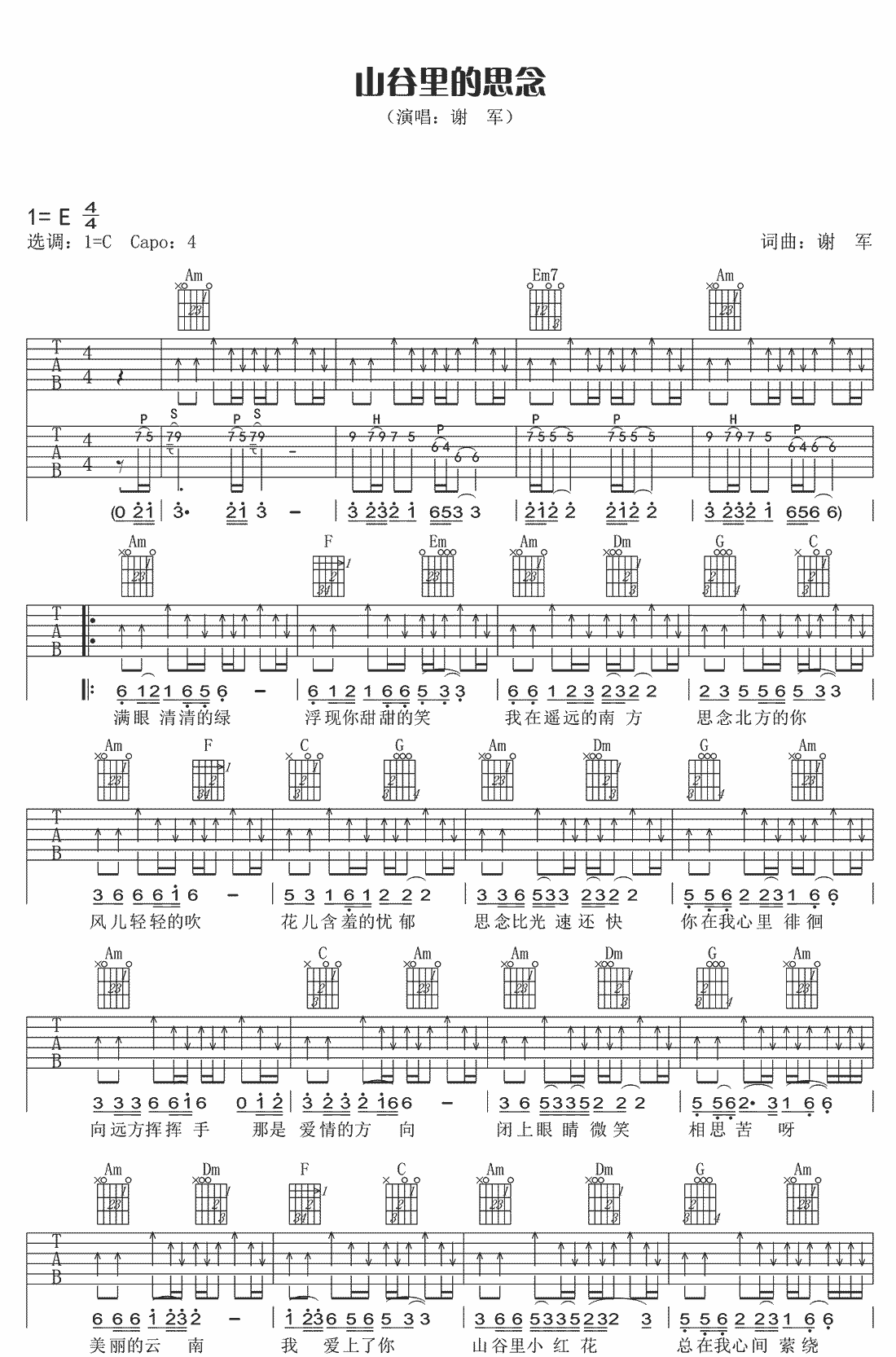 山谷里的思念吉他谱1-谢军