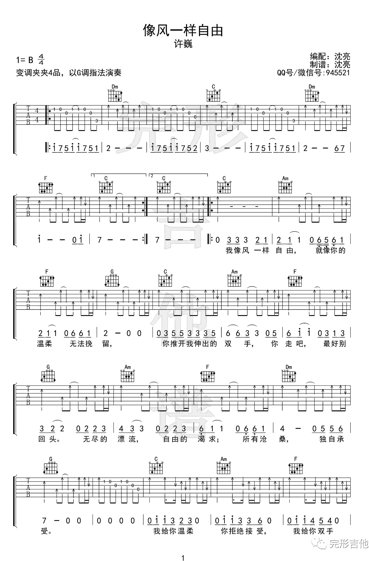 像风一样自由吉他谱_许巍_G调双音版 弹唱教学视频-图片1