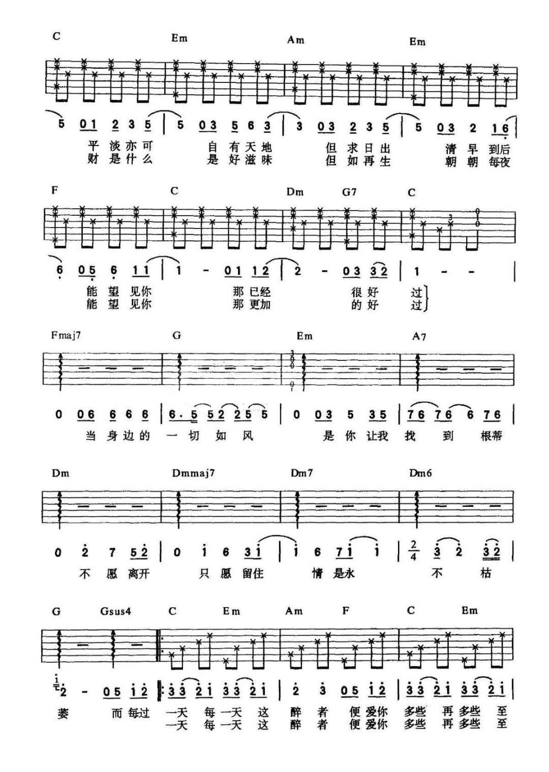每天爱你多一些吉他谱_张学友_C调演奏原版-图片1