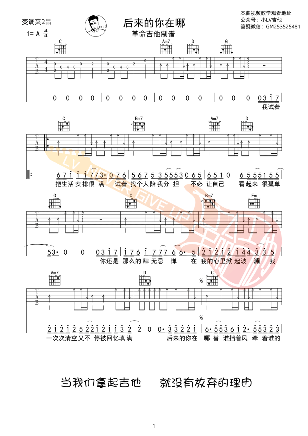 后来的你在哪吉他谱_树泽_G调调弦版 弹唱教学视频-图片1