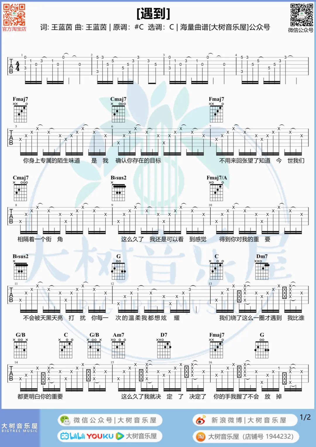 遇到吉他谱_方雅贤_C调扫弦版 弹唱教学视频-图片1