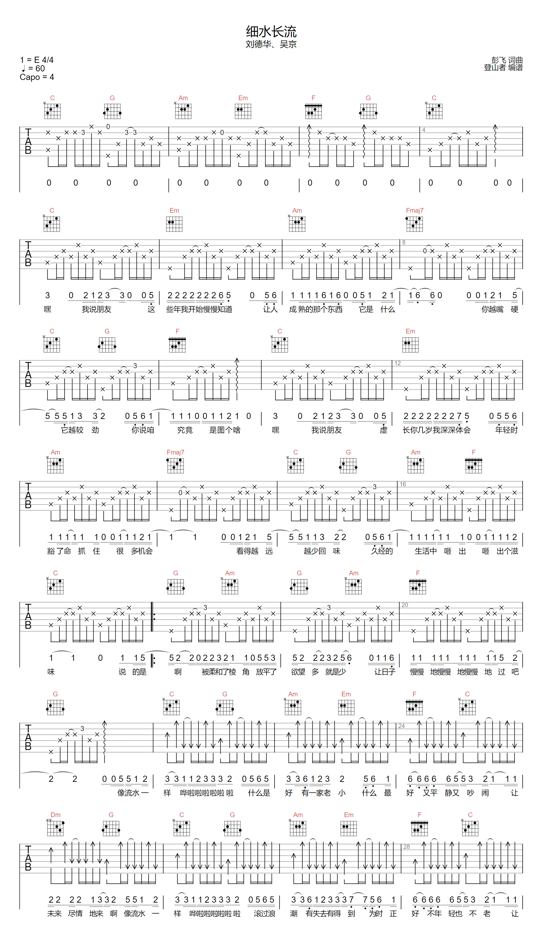 细水长流吉他谱_刘德华-吴京_C调扫弦原版-图片1