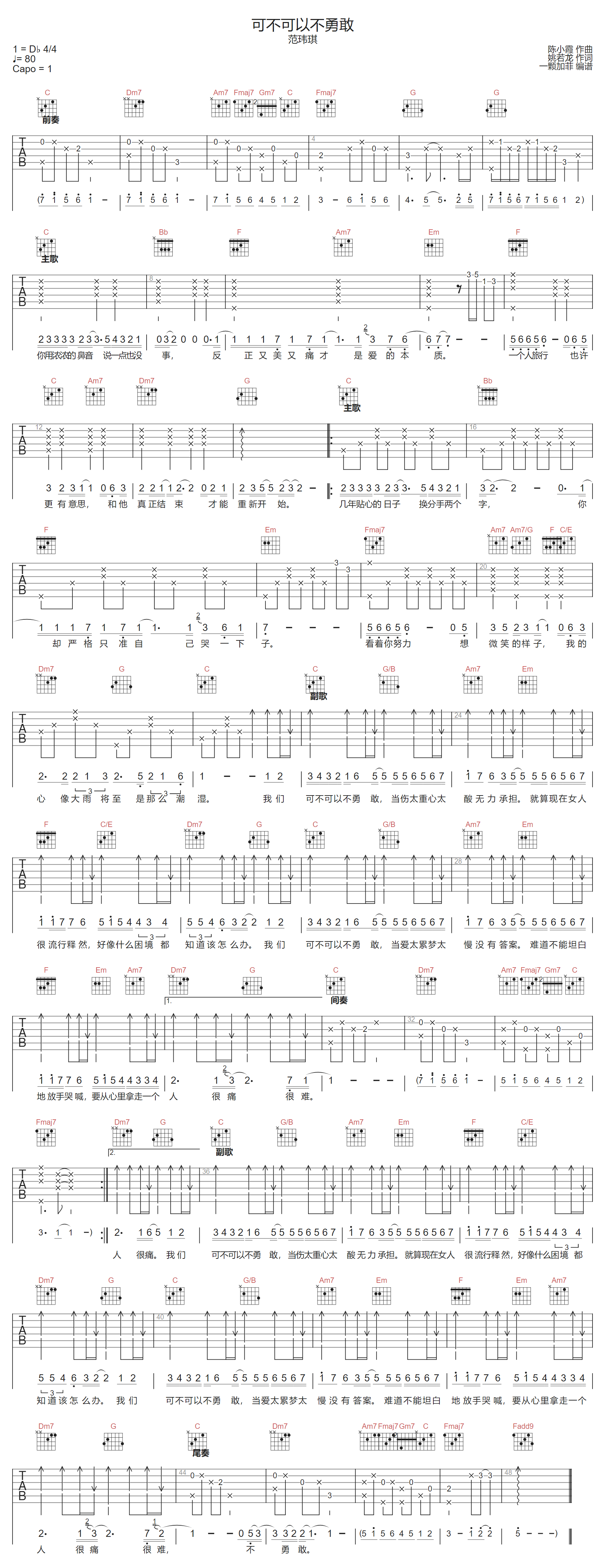 可不可以不勇敢吉他谱_范玮琪_C调演奏版