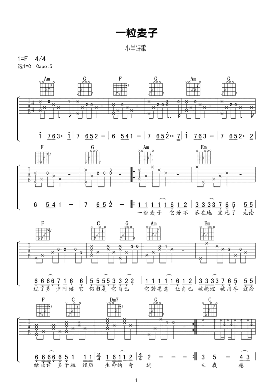 一粒麦子吉他谱_小羊诗歌_C调双音版