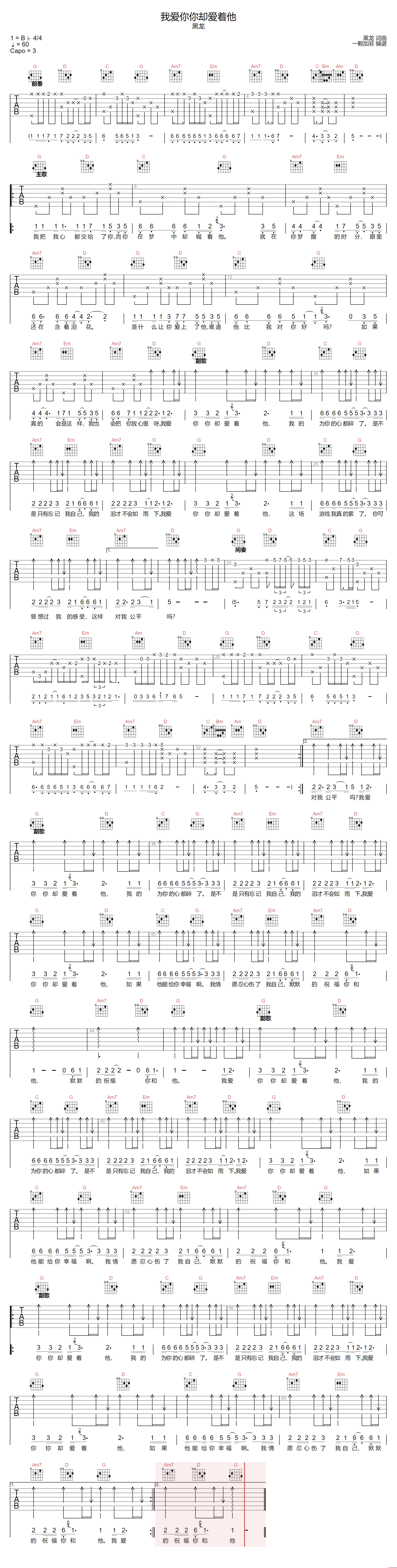 我爱你你却爱着他吉他谱-黑龙
