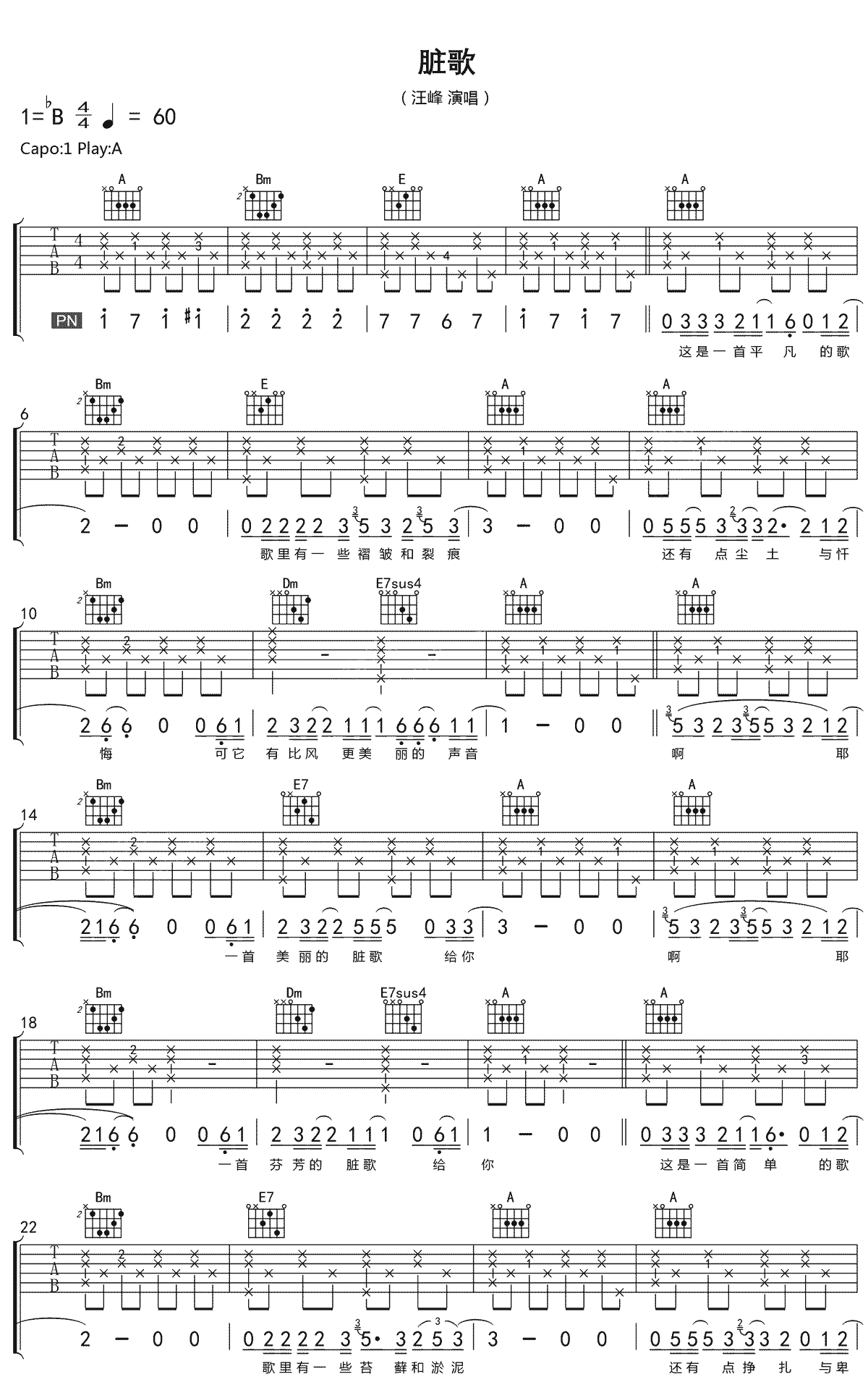 脏歌吉他谱_汪峰_A调单音版