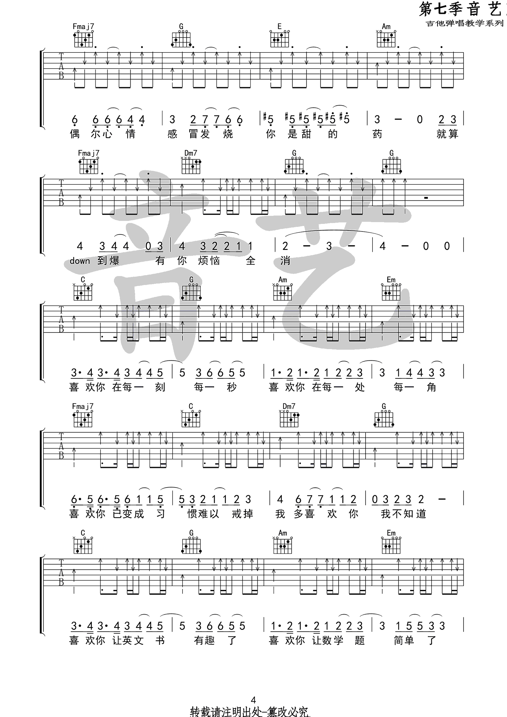 我多喜欢你你会知道吉他谱_王俊琪_C调演奏拍弦版-图片1