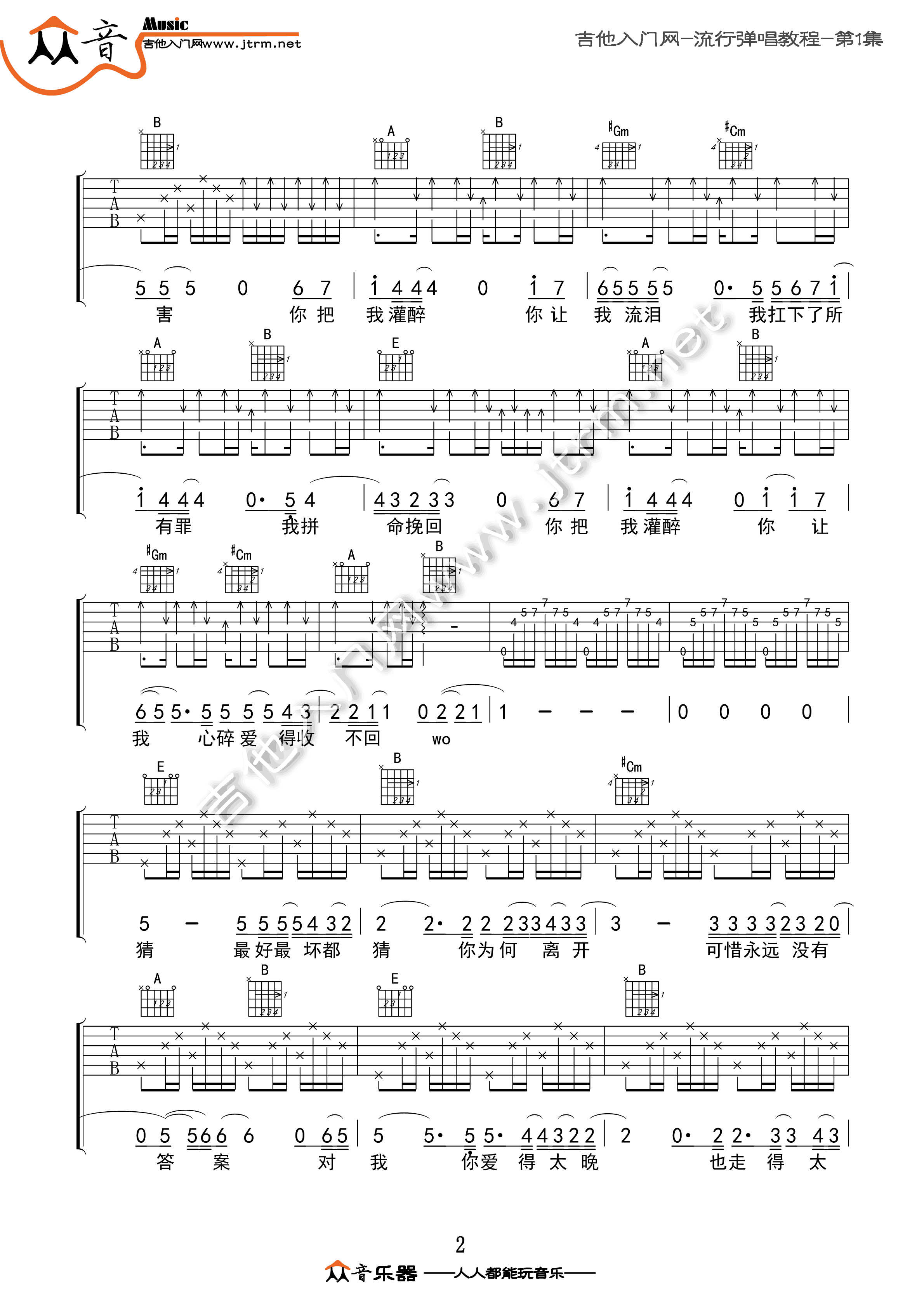 你把我灌醉吉他谱_黄大炜_E调和弦指法原版-图片1