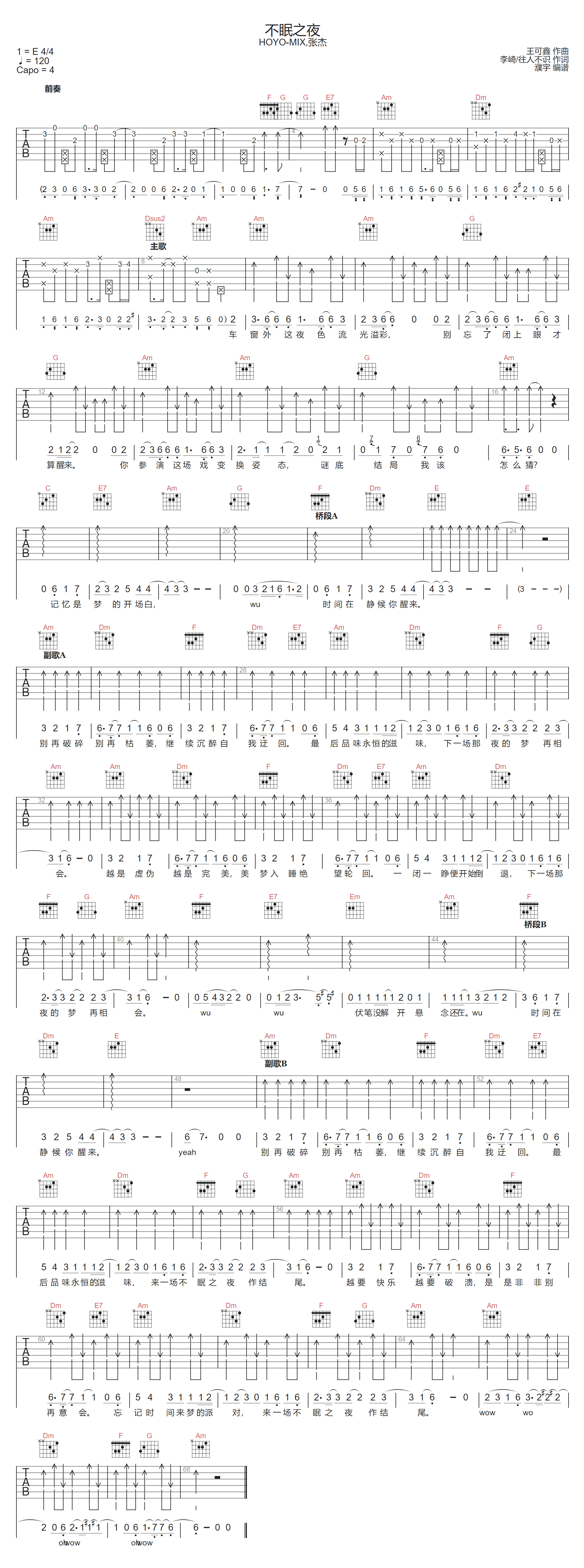 不眠之夜吉他谱-张杰