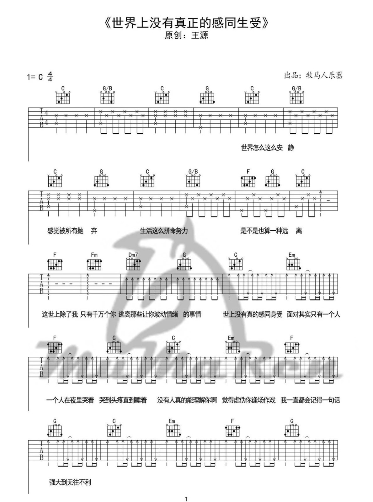 世界上没有真正的感同身受吉他谱1-王源