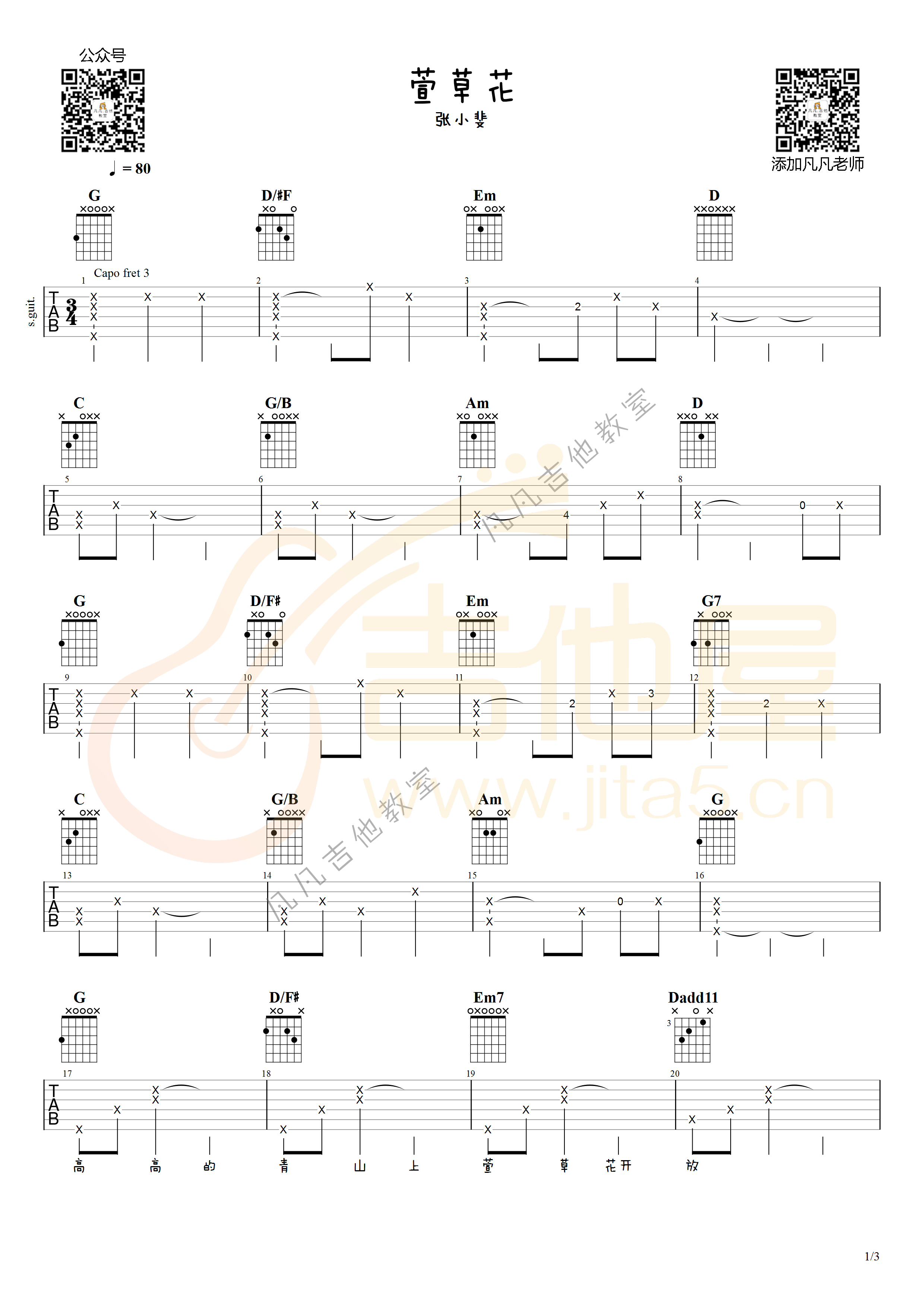 萱草花吉他谱_张小斐_G调演奏版