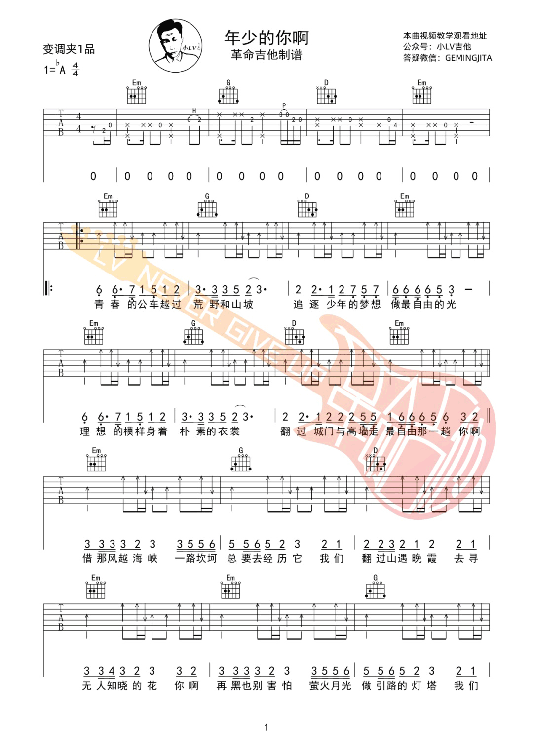 年少的你啊吉他谱_浩然H.R_G调双音原版-图片1