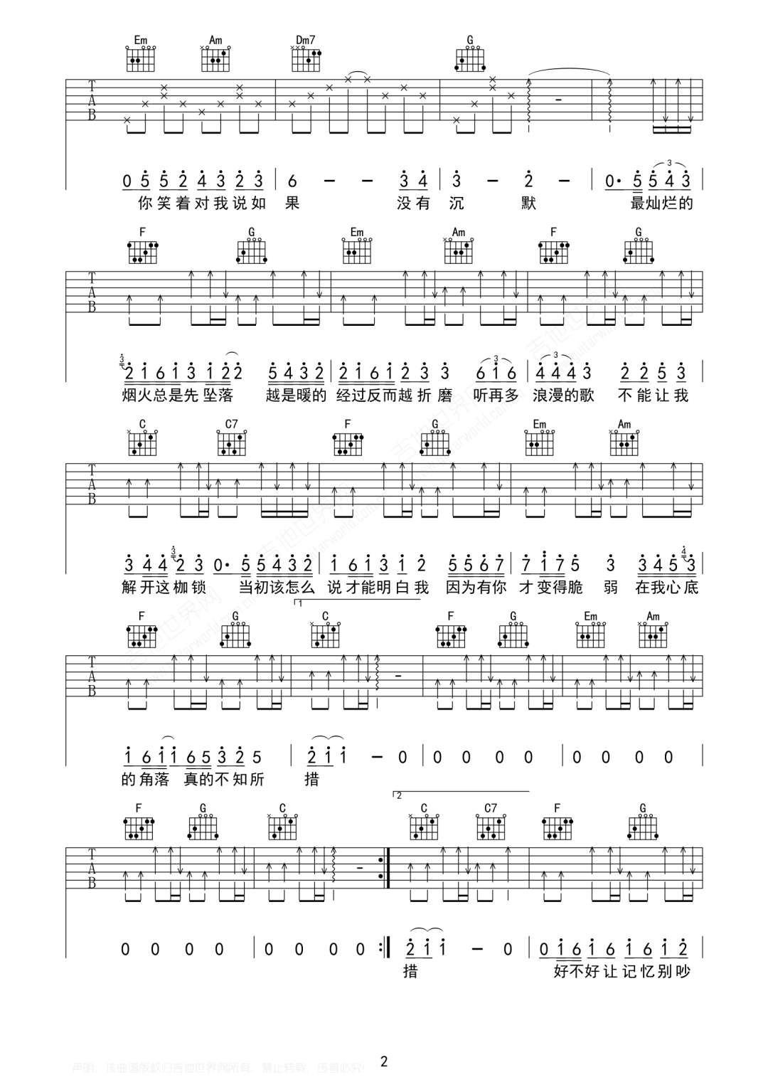 不知所措吉他谱_王靖雯不胖_C调单音原版-图片1