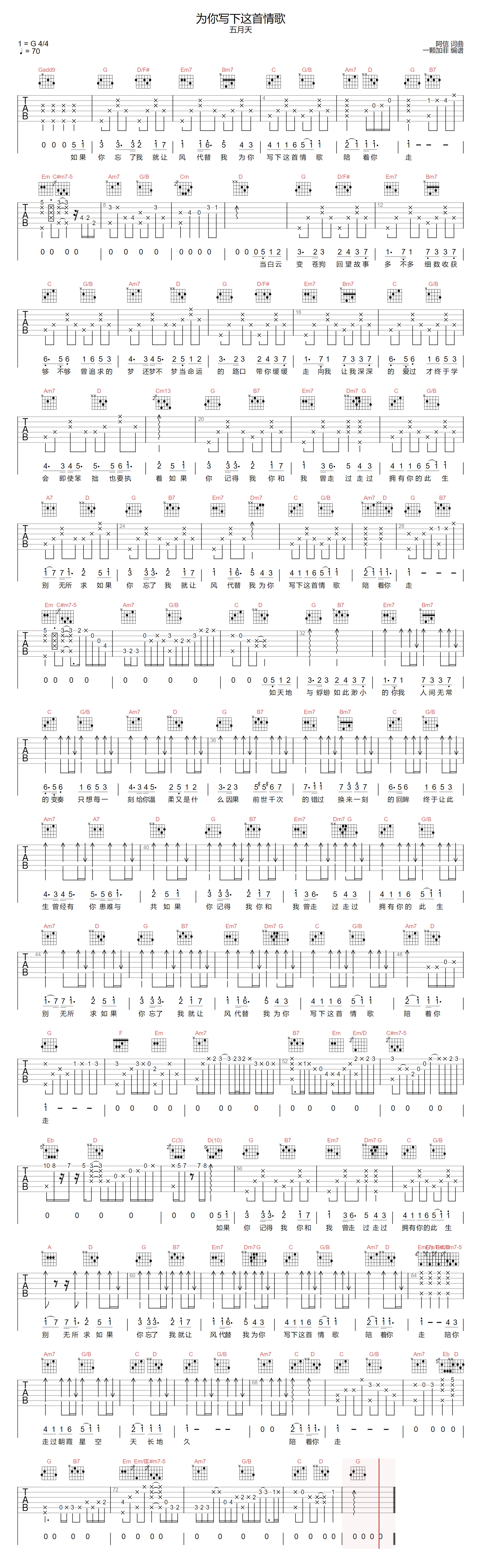 你写下这首情歌吉他谱-五月天