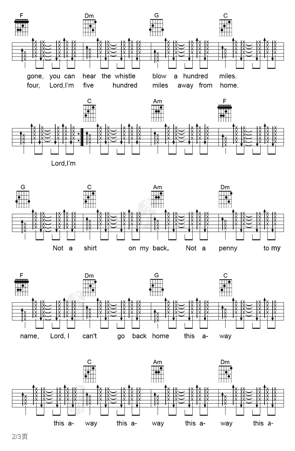 500miles吉他谱_醉乡民谣_C调和弦扫弦版-图片1